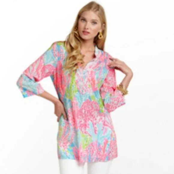 Lilly Pulitzer Let's Cha Cha Sarasota Tunic Length Pearl Beaded Shirt Small - Picture 1 of 9